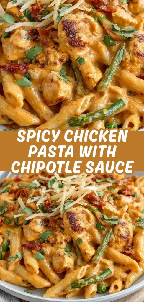 A vibrant pasta dish featuring penne drenched in a velvety chipotle cream sauce, tossed with tender chicken and fresh asparagus.