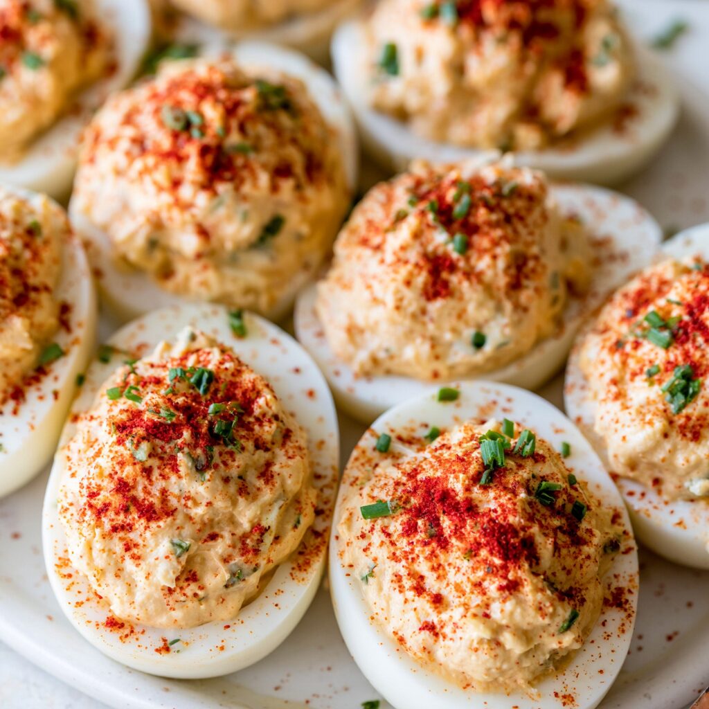 Creamy deviled eggs, vividly speckled with paprika and chopped green onions, promise a fiery kick.