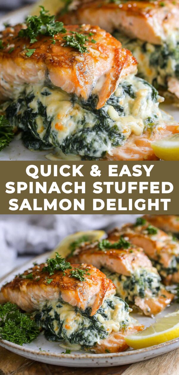 Flaky salmon, overflowing with vibrant spinach stuffing, glistens enticingly on a plate.