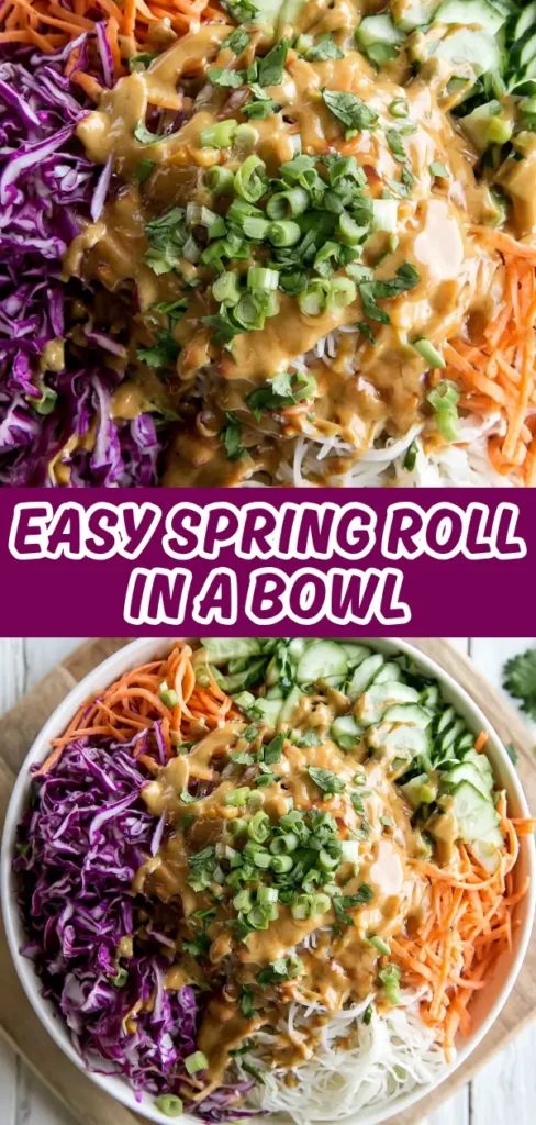 A collage showing a close up of creamy peanut sauce over rice noodles and shredded vegetables, and a full bowl shot of the complete spring roll bowl with cabbage, carrots, and cucumber.