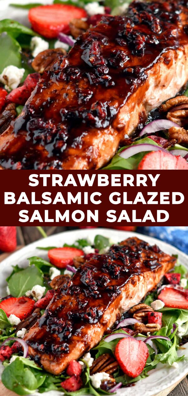 A vibrant plate showcases glistening salmon, coated in a dark glaze, alongside a colorful salad bursting with fresh ingredients.