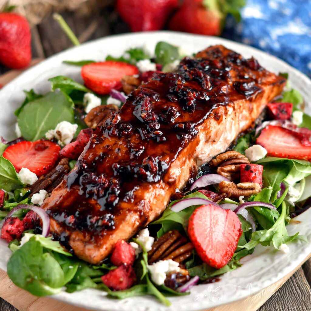 A vibrant plate showcases glistening salmon, a balsamic glaze, and a fresh salad, a feast for both the eyes and the palate.