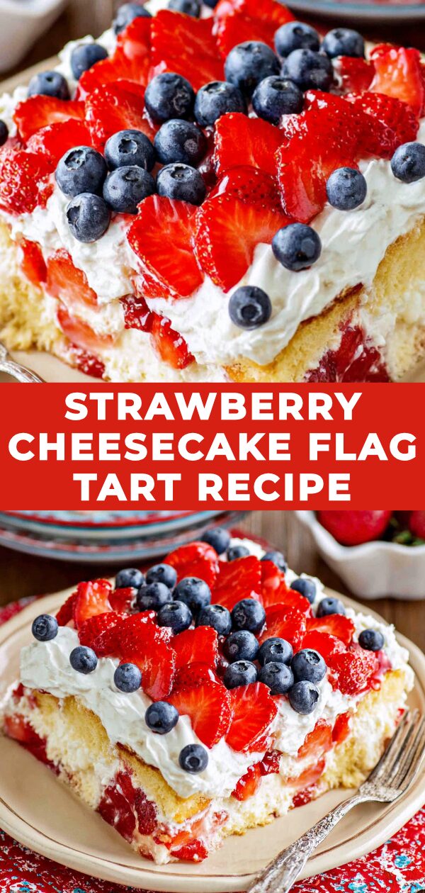 A patriotic dessert showcases a vibrant flag design crafted from fresh strawberries and blueberries atop creamy cheesecake.