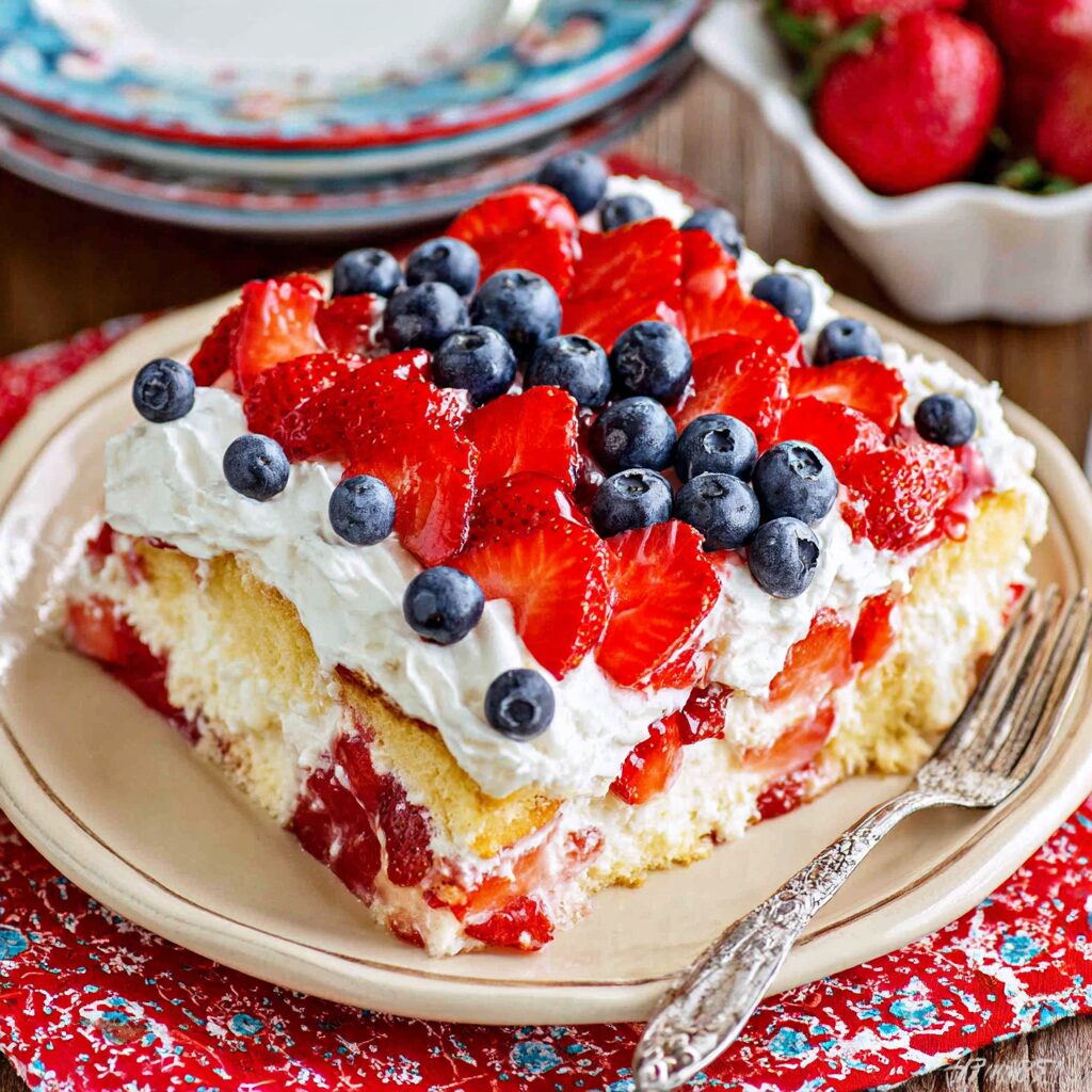 A patriotic strawberry cheesecake tart, adorned with fresh berries, celebrates with edible flag patterns.