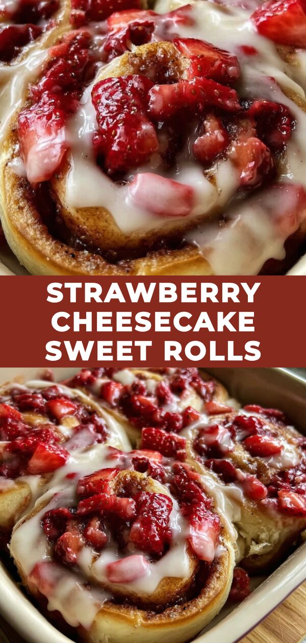 Fluffy, swirled sweet rolls burst with creamy cheesecake and juicy strawberries, a delightful treat perfect for sharing.