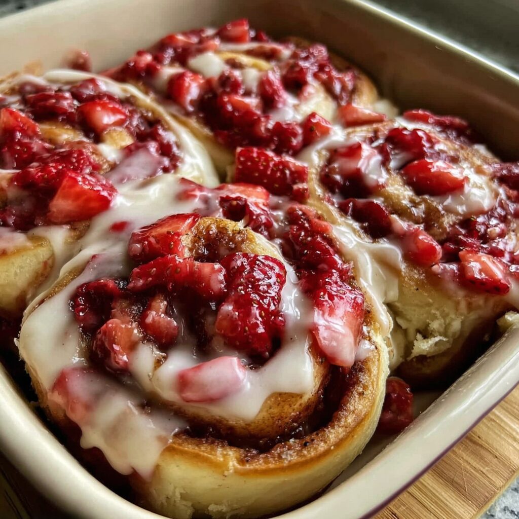 Fluffy, swirled sweet rolls cradle creamy cheesecake and juicy strawberries, promising a delightful breakfast treat.