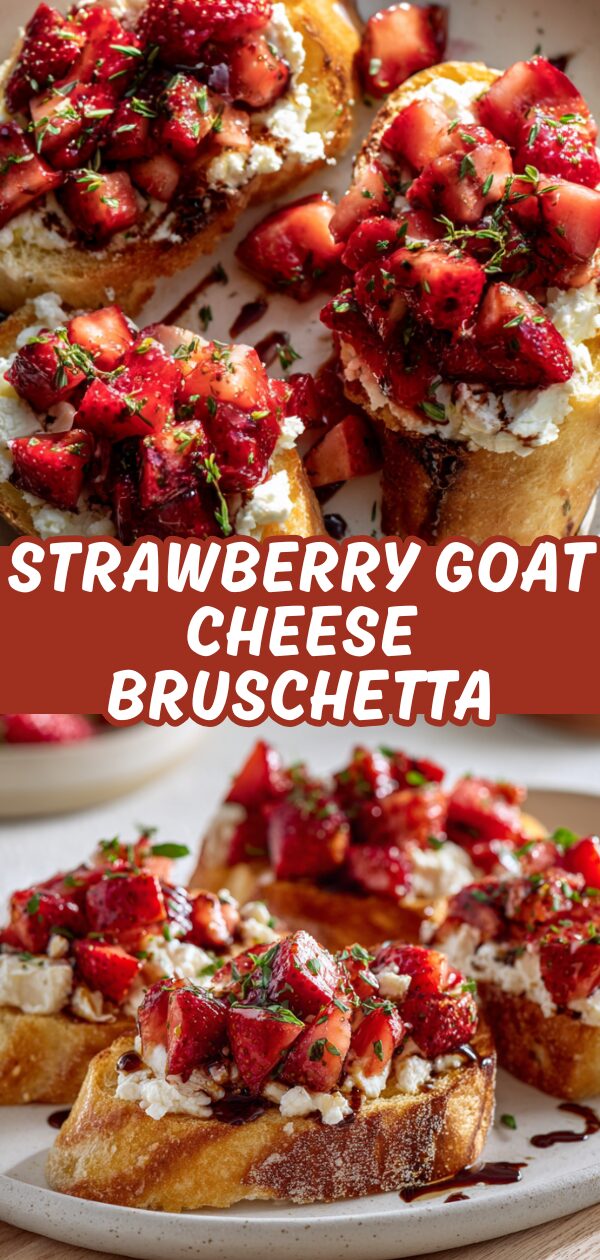 Toasted baguette slices topped with creamy goat cheese, juicy strawberries, and a balsamic glaze offer a delightful appetizer.