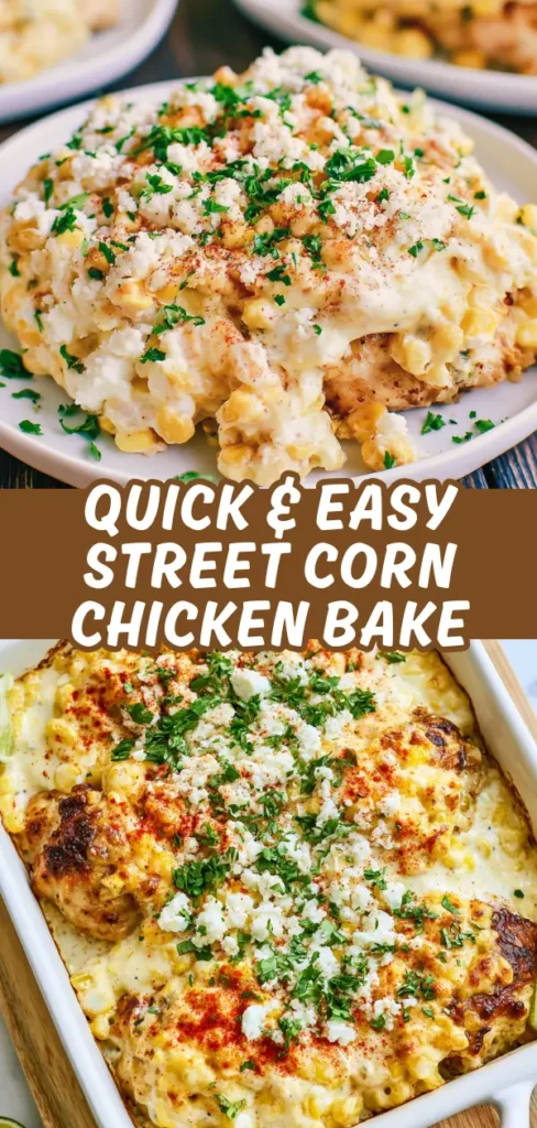Street corn chicken bake shown in a white casserole dish and plated serving with juicy chicken sweet corn in creamy sauce topped with melted cheese crumbled cotija fresh cilantro and chili powder.