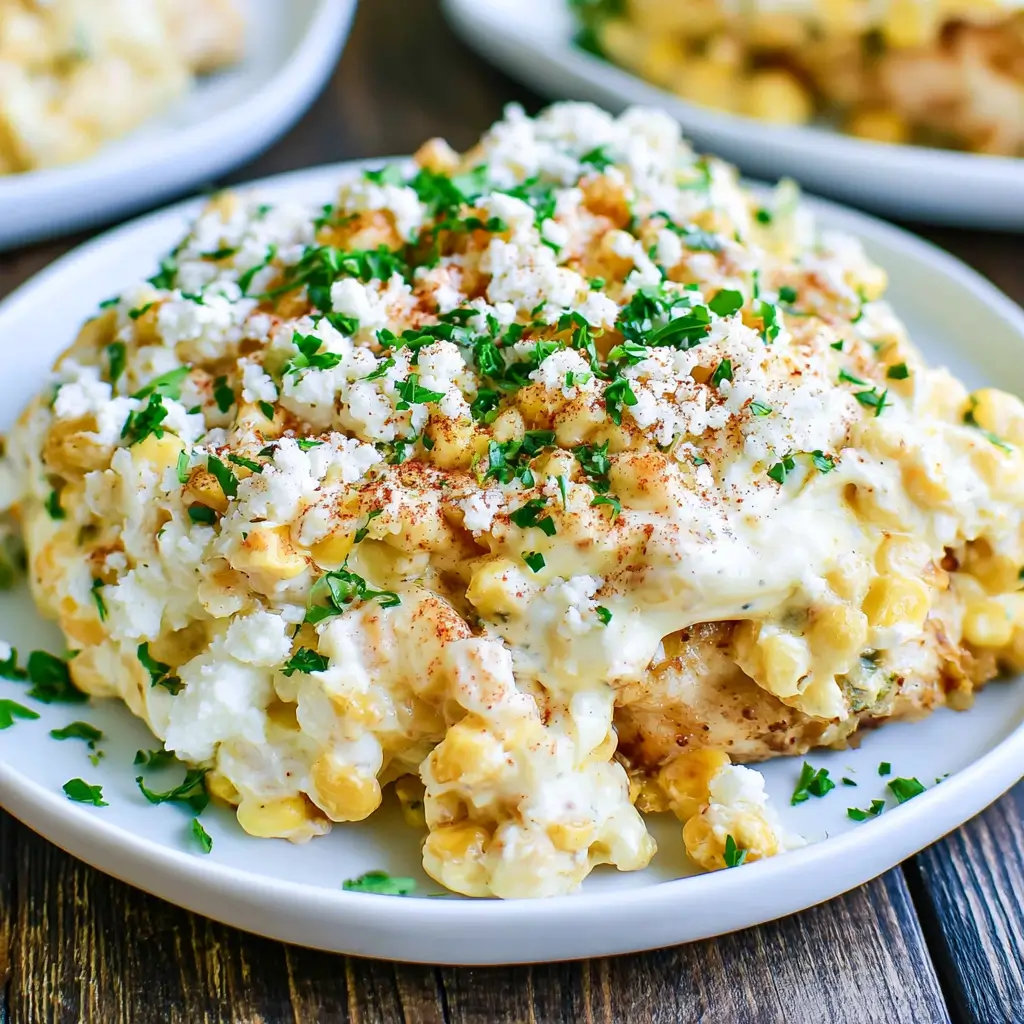 Plated street corn chicken bake with tender chicken pieces sweet corn in a creamy sauce topped with crumbled cotija cheese fresh herbs and a sprinkle of chili powder.
