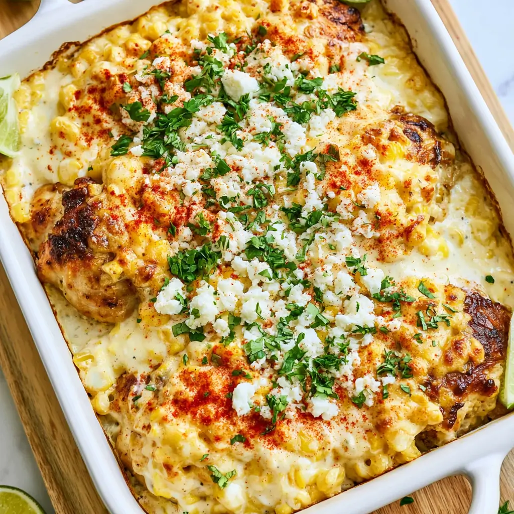 Street corn chicken bake in a white casserole dish with juicy chicken pieces sweet corn in a creamy sauce topped with melted cheese crumbled cotija fresh cilantro and a sprinkle of chili powder.