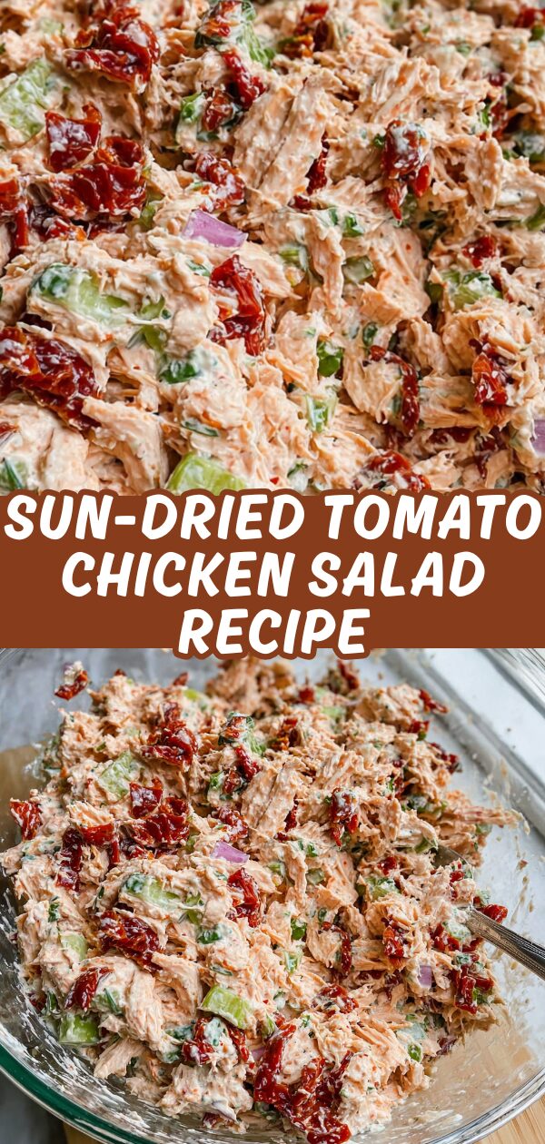 Creamy chicken salad studded with vibrant sun-dried tomatoes is scooped onto a fluffy croissant.