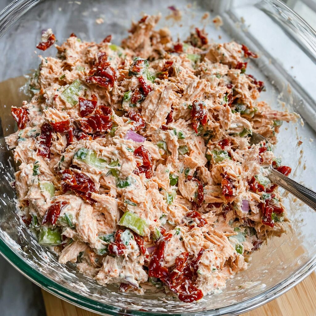 A vibrant plate of sun-dried tomato chicken salad bursts with color and flavorful textures.
