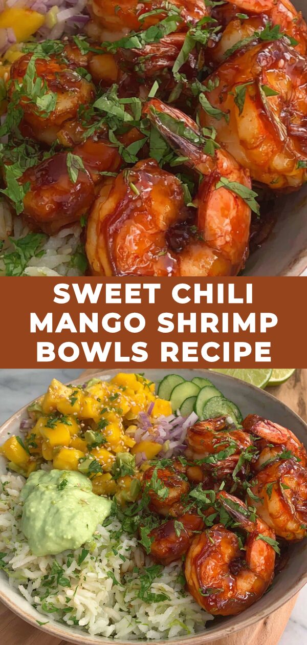 A vibrant bowl showcases glistening shrimp atop rice, vibrant mango salsa, and fresh greens.