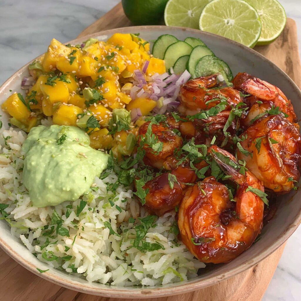 A vibrant layered bowl showcases shrimp, mango, and greens, promising a flavorful, easy meal.