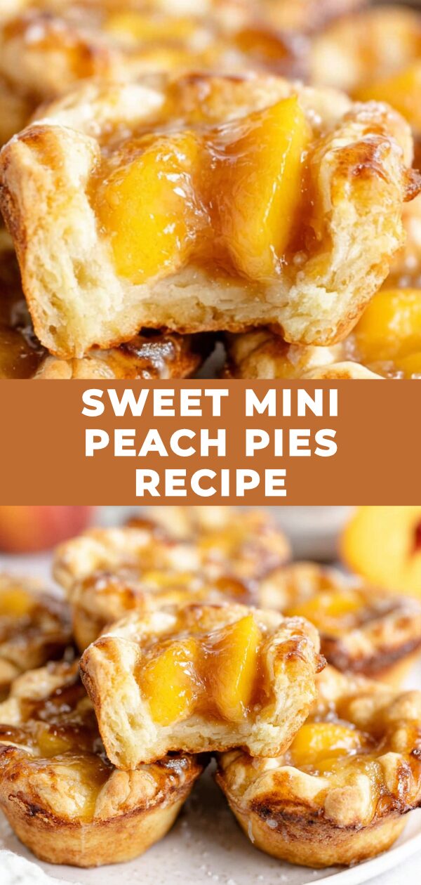 Golden-crusted mini peach pies sit invitingly on a rustic wooden surface, promising a delightful treat.