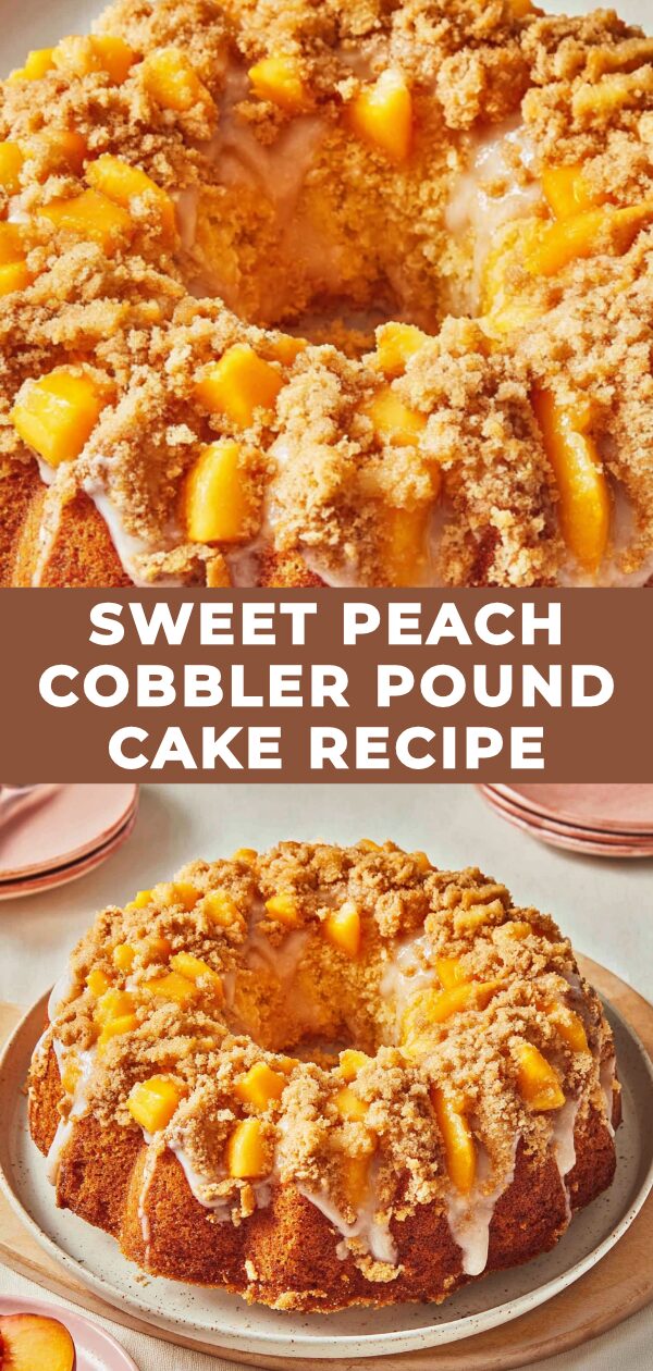 A golden, buttery pound cake cradles sweet peaches, showcasing a delightful dessert recipe.