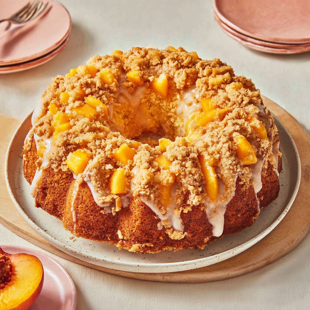 Golden-brown pound cake cradles a luscious peach cobbler filling, promising a delightful dessert experience.