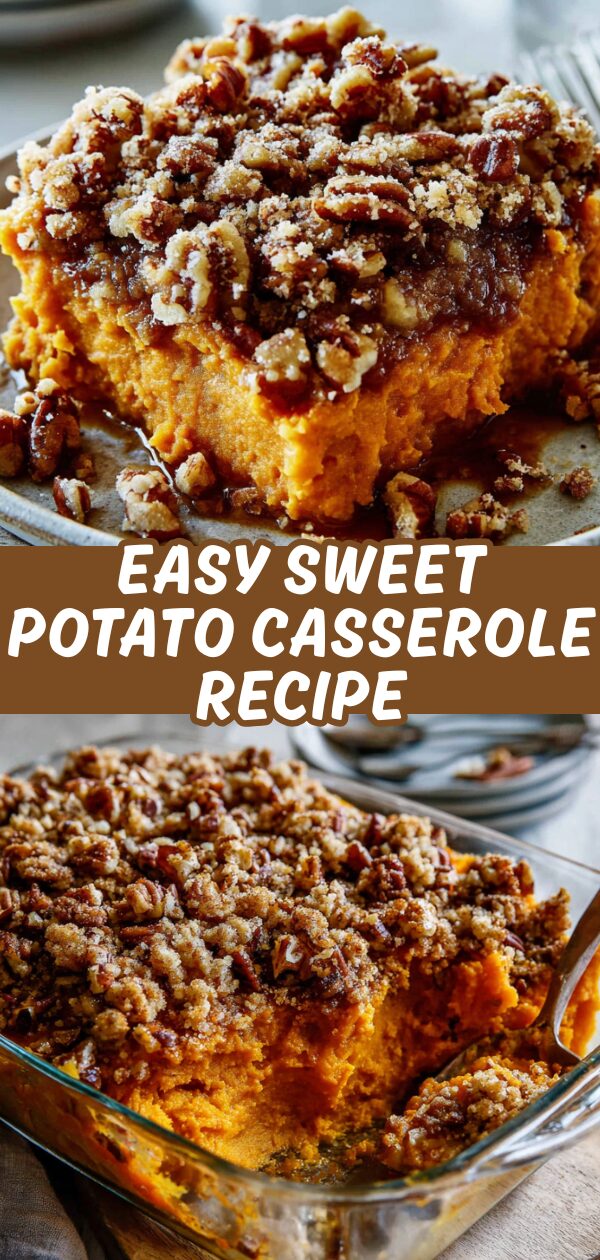 Golden-crusted sweet potato casserole bubbles with a decadent oat crumble topping, promising a comforting autumnal treat.