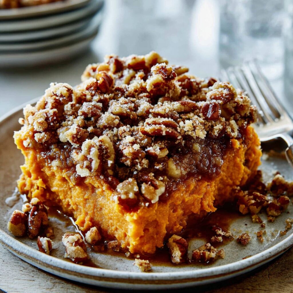 Warm, golden-brown sweet potato casserole with a pecan crumble topping is ready to be devoured.