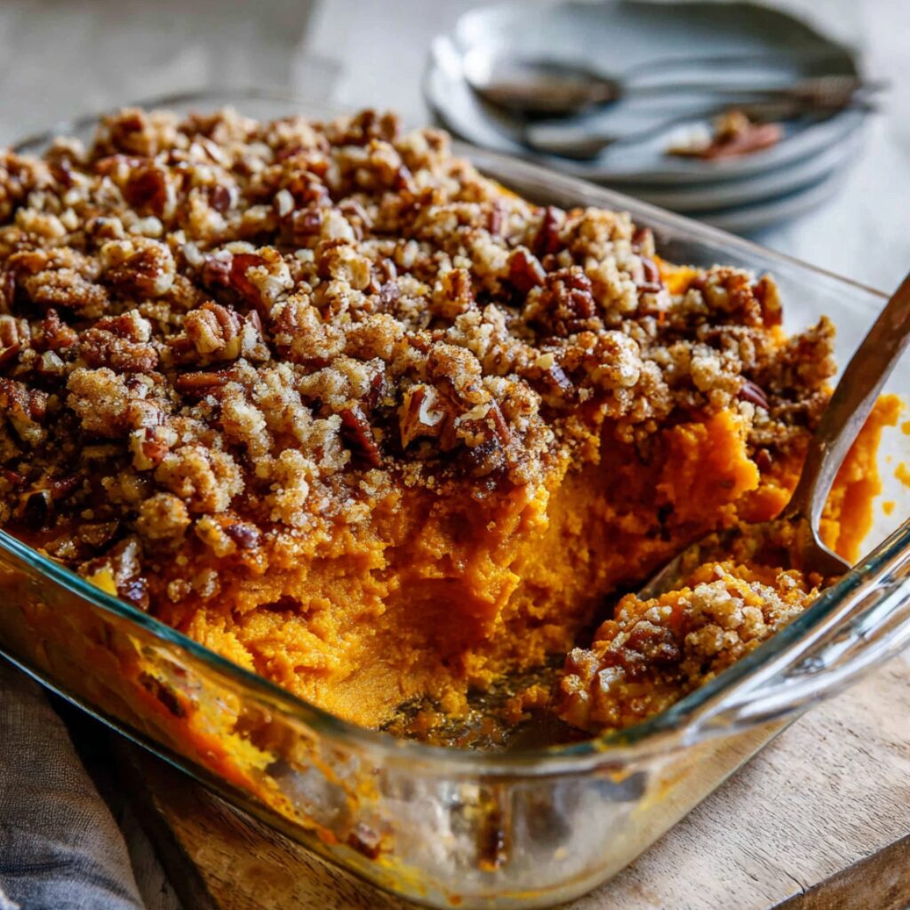 Golden-brown sweet potato casserole bubbles enticingly, inviting a satisfying bite from the recipe's promising result.