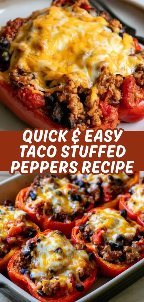 A collage showing a close up of a single cheesy taco stuffed pepper on a plate alongside a full baking dish of peppers covered in melted cheddar straight from the oven.