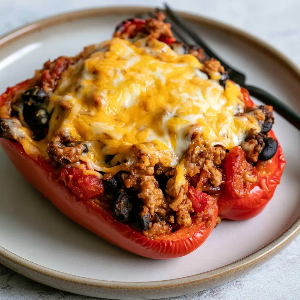 A single roasted red bell pepper half plated and overflowing with seasoned ground meat, black beans, and tomatoes under a thick layer of golden melted cheddar cheese.