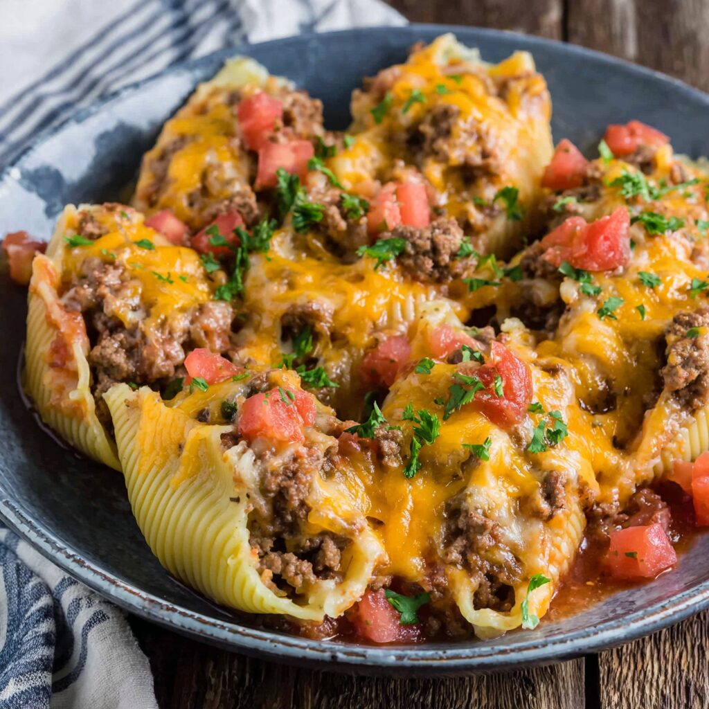 Large pasta shells overflow with a savory mixture, glistening under a sprinkle of cheese, reflecting the recipe's delicious promise.