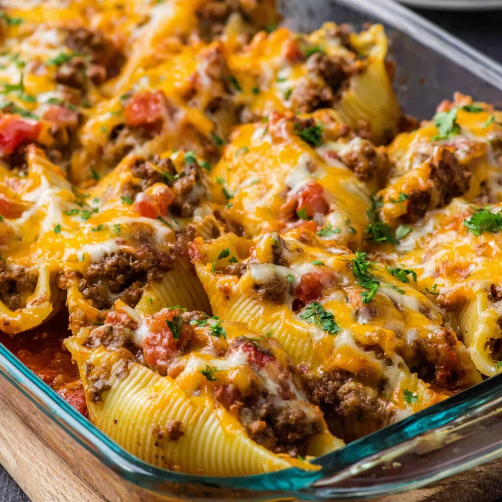 A baked pasta dish features jumbo shells overflowing with seasoned taco meat and cheese, a comforting fusion of Italian and Mexican flavors.