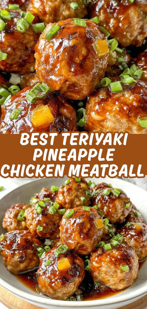 Golden, glistening teriyaki-glazed meatballs mingle with juicy pineapple chunks, garnished with vibrant green herbs.