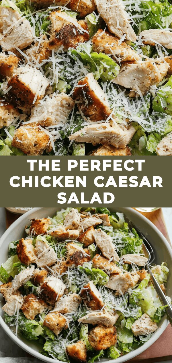 A vibrant Caesar salad bursts with juicy grilled chicken, crisp romaine, and creamy dressing, promising a delightful bite.