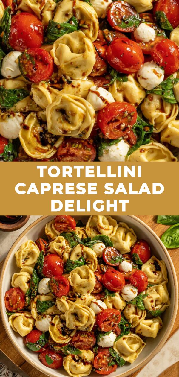 Vibrant tortellini, cherry tomatoes, and mozzarella shine, artfully arranged in a Caprese salad, promising a burst of fresh Italian flavor.
