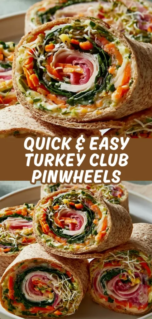 Colorful turkey club pinwheels with layers of ham, vegetables, and cheese rolled in a whole wheat tortilla.