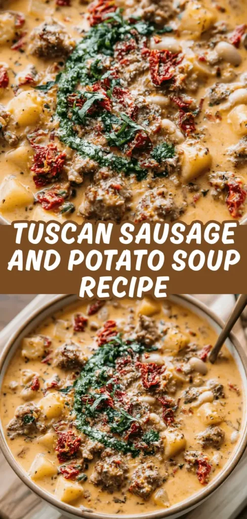 A collage of two overhead shots of Tuscan sausage and potato soup showing the creamy broth up close with sun-dried tomatoes and spinach, and a full bowl view with parmesan and a spoon.