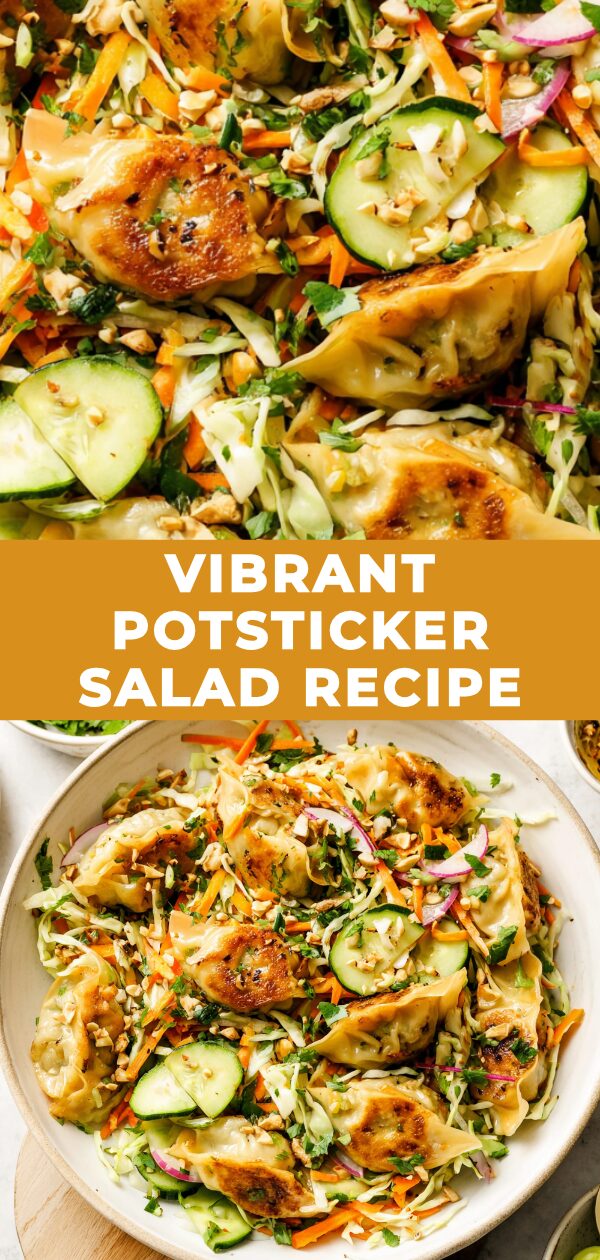 A colorful potsticker salad bursts with fresh ingredients and tantalizing textures, promising a flavorful culinary adventure.