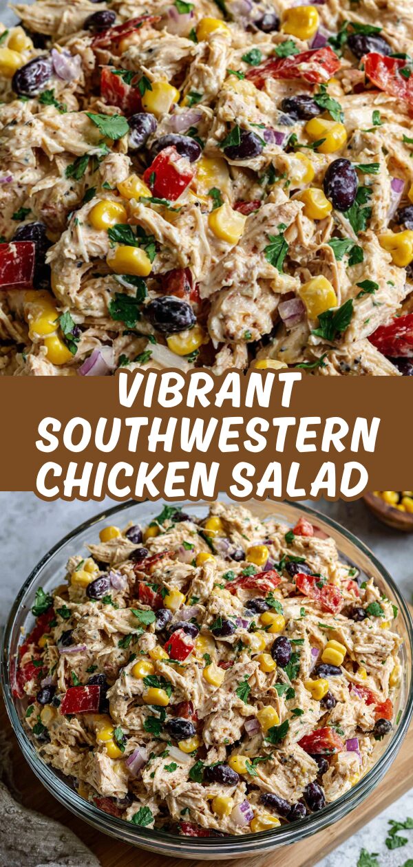 A colorful bowl brims with Southwestern chicken salad, showcasing fresh ingredients like corn, black beans, and cilantro.
