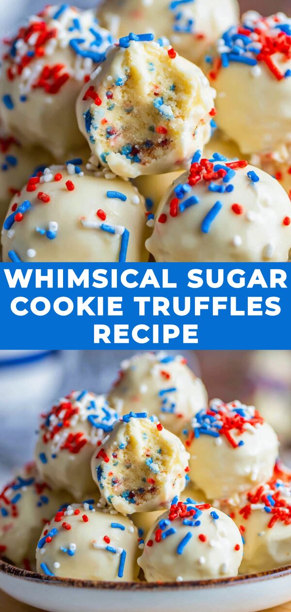 Festive sugar cookie truffles, artfully arranged and sprinkled, promise a delightful homemade treat.