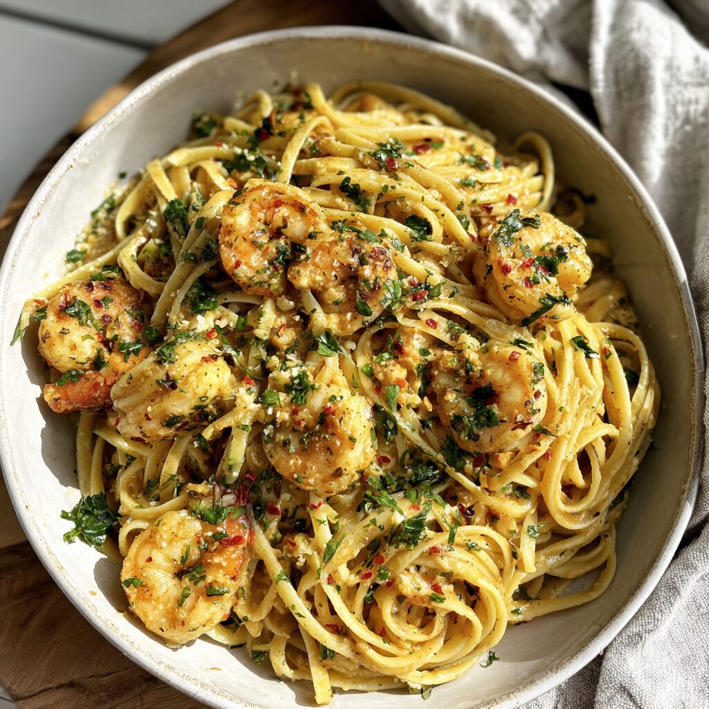A swirl of pasta is laden with plump shrimp, tossed in a vibrant sauce, promising an explosion of flavor.