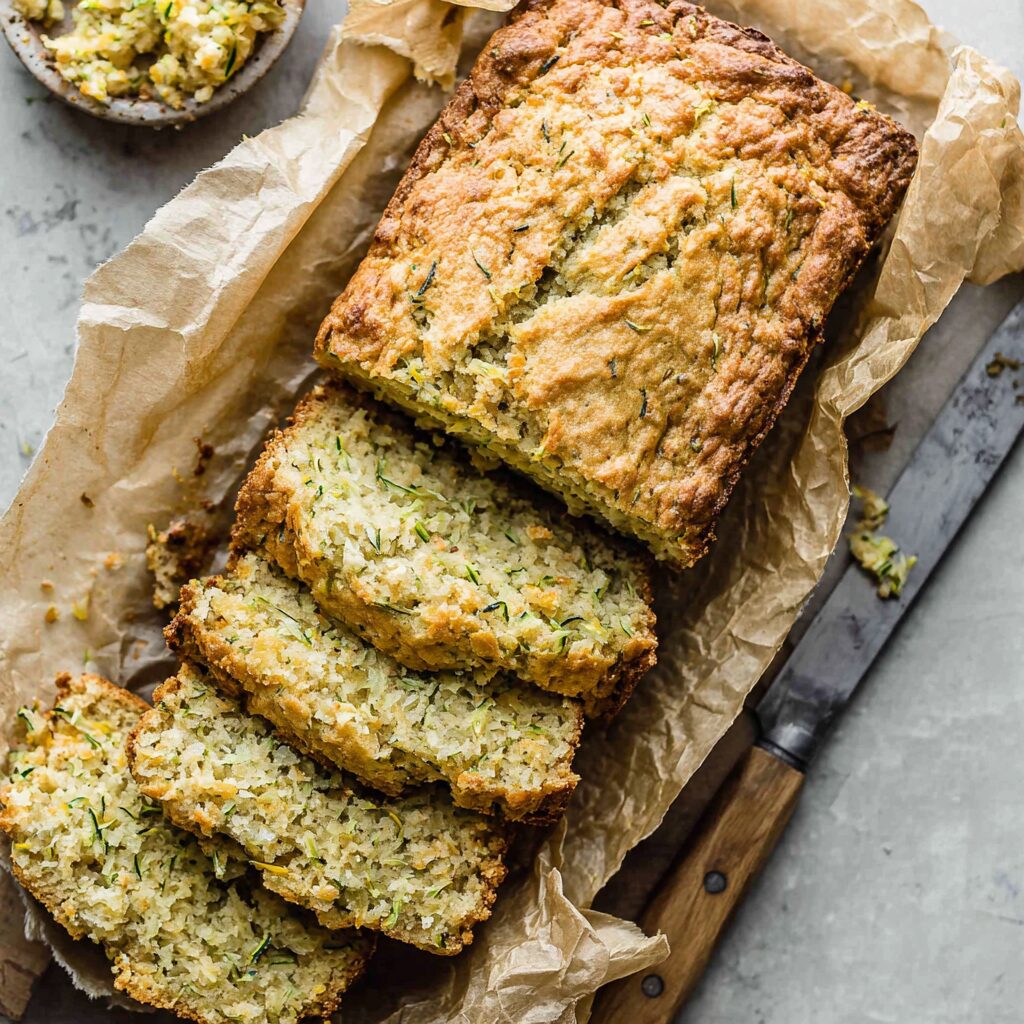 Golden-hued zucchini bread with visible orange zest and walnuts sits ready to be sliced, inviting a taste of autumn.