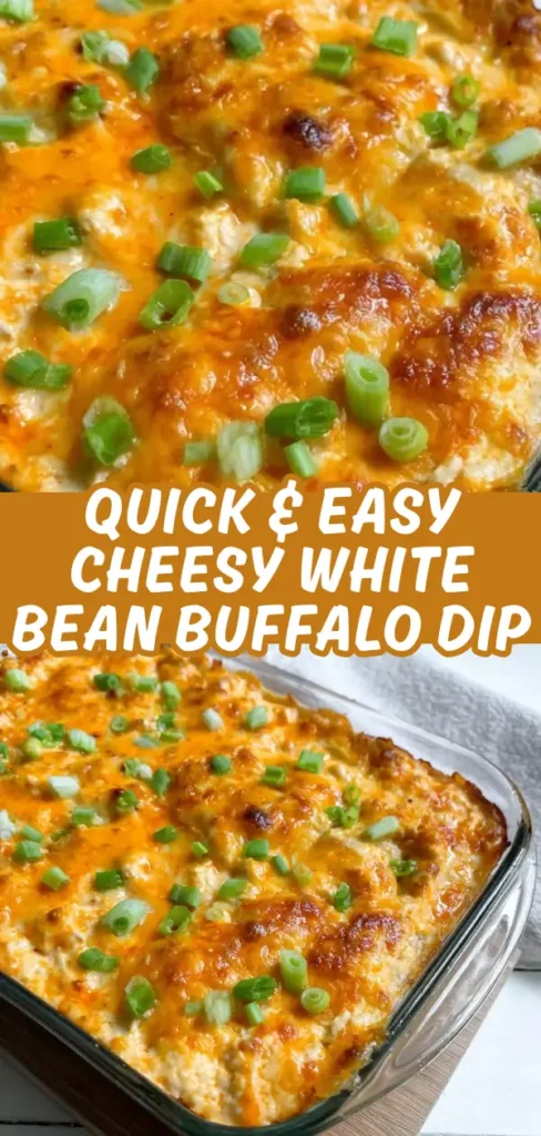 A golden, cheesy white bean buffalo dip fresh from the oven, topped with a colorful garnish of sliced green onions.