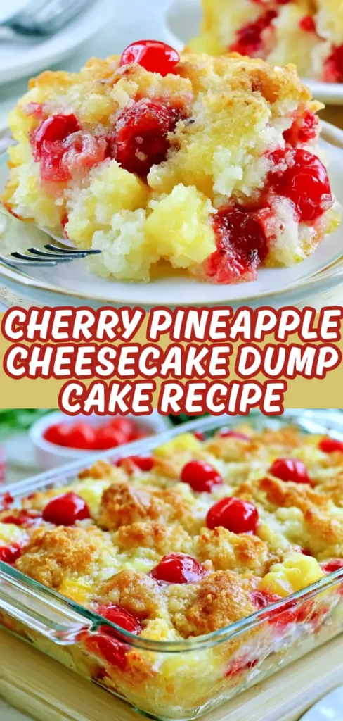 A collage showing a close up of a plated slice of cherry pineapple cheesecake dump cake bursting with fruit, and a full glass baking dish view of the golden crumble topped cake fresh from the oven.