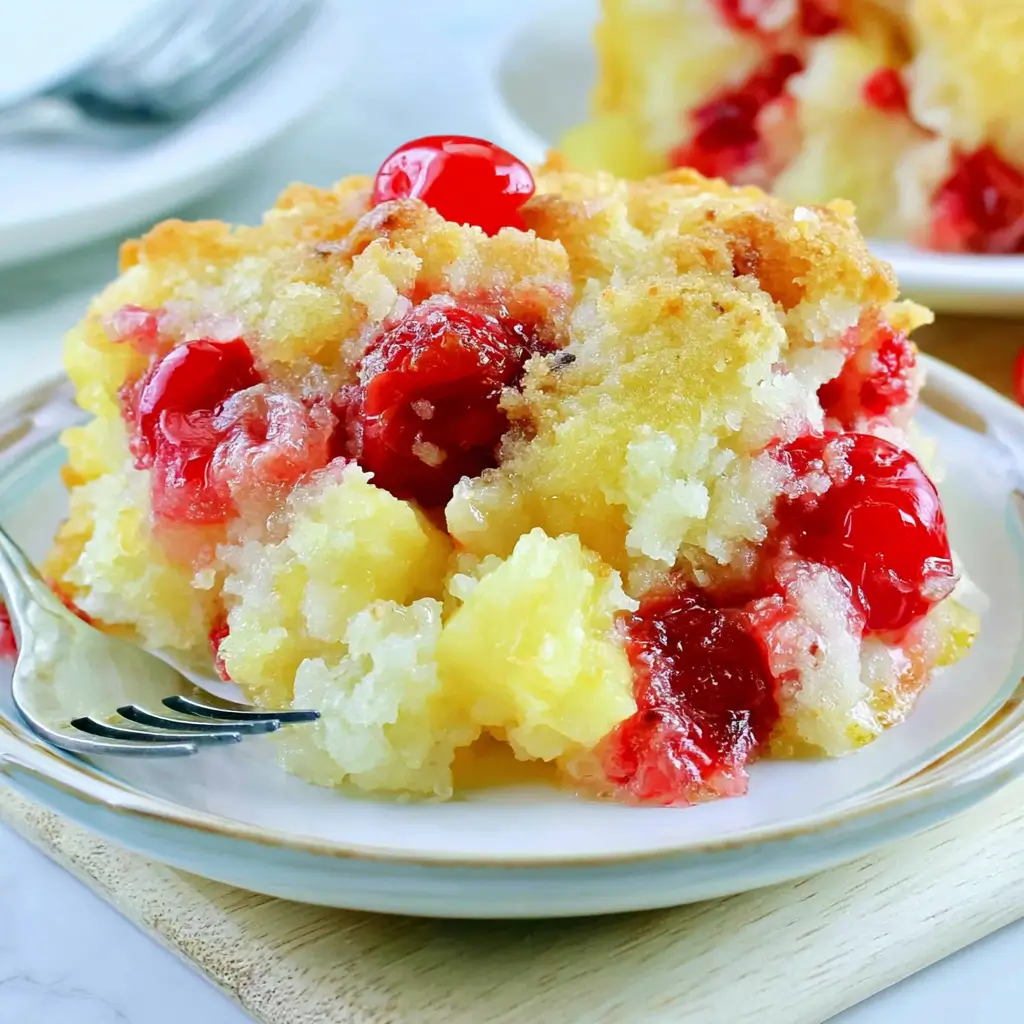 A generous plated serving of cherry pineapple cheesecake dump cake showing juicy maraschino cherries, soft pineapple chunks, and a golden buttery crumble top on a white plate with a fork.