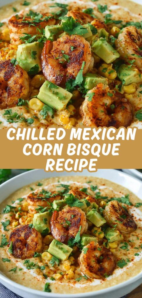 A stunning vertical recipe card featuring close-ups of chilled corn bisque topped with spice-rubbed shrimp and creamy avocado.