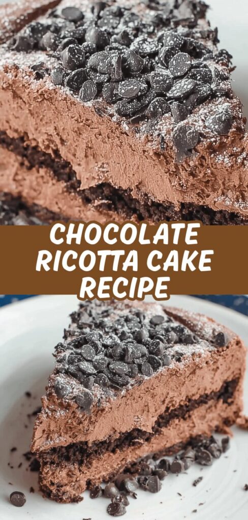 A vertical recipe graphic showing a close-up and a full slice of airy chocolate ricotta cake, finished with a layer of mini chocolate chips.