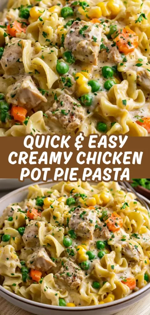 A collage of two shots of creamy chicken pot pie pasta showing a close crop of egg noodles, peas, corn, and chicken in a rich sauce, and a full bowl view garnished with fresh parsley.