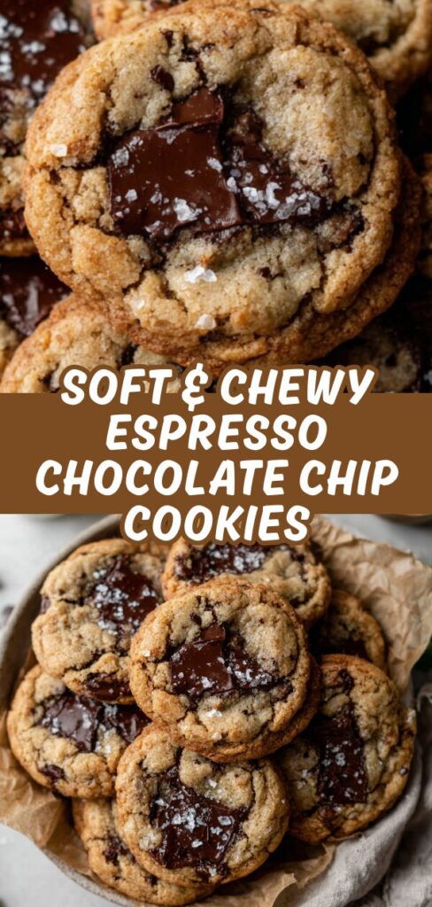 A vertical collage showcasing thick, chewy espresso chocolate chip cookies with gooey chocolate pools and a touch of flaky salt.