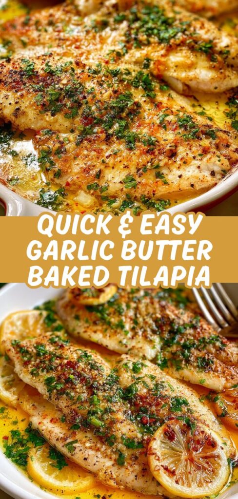 Perfectly flaky tilapia fillets bathed in a golden garlic butter sauce, finished with a generous sprinkle of fresh parsley and lemon.