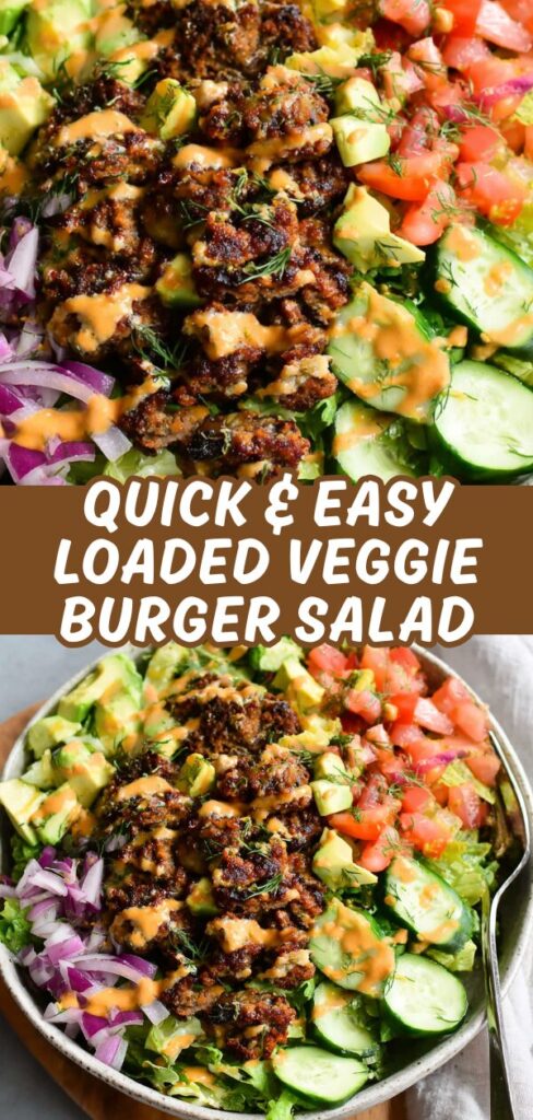 A bright, vertical recipe card featuring a colorful loaded veggie burger salad with avocado, fresh greens, and a savory drizzle.
