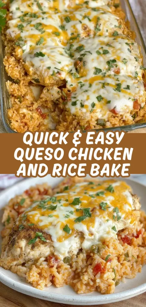 A tempting vertical collage showing a pan of cheesy chicken and rice bake and a close-up of a perfectly garnished serving.
