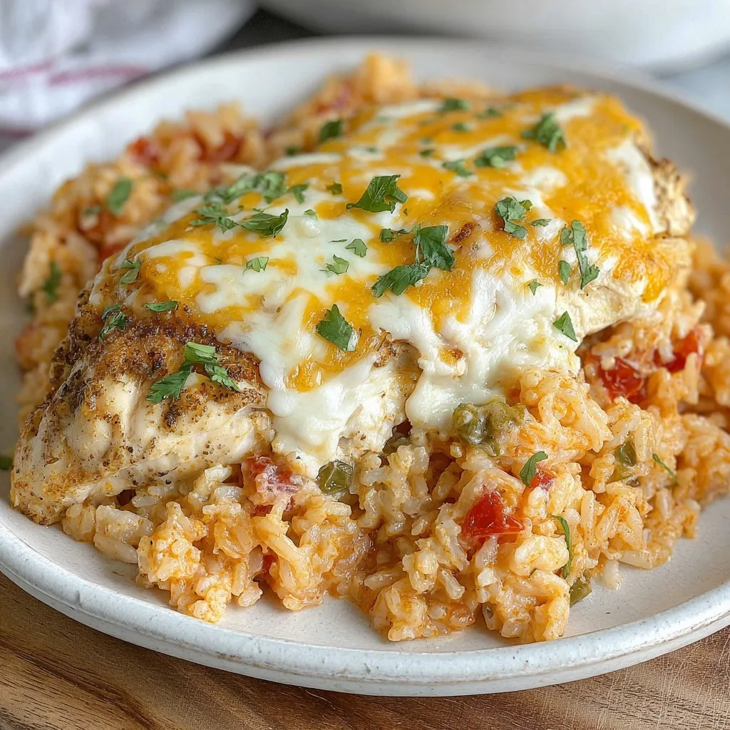 A beautiful serving of juicy chicken topped with gooey melted cheese, sitting on a bed of fluffy, tomato-flecked rice.