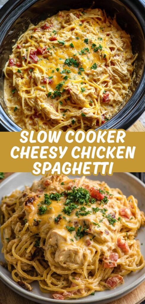 A beautiful vertical recipe graphic showing a slow cooker full of creamy chicken spaghetti and a close-up of a perfectly cheesy serving.